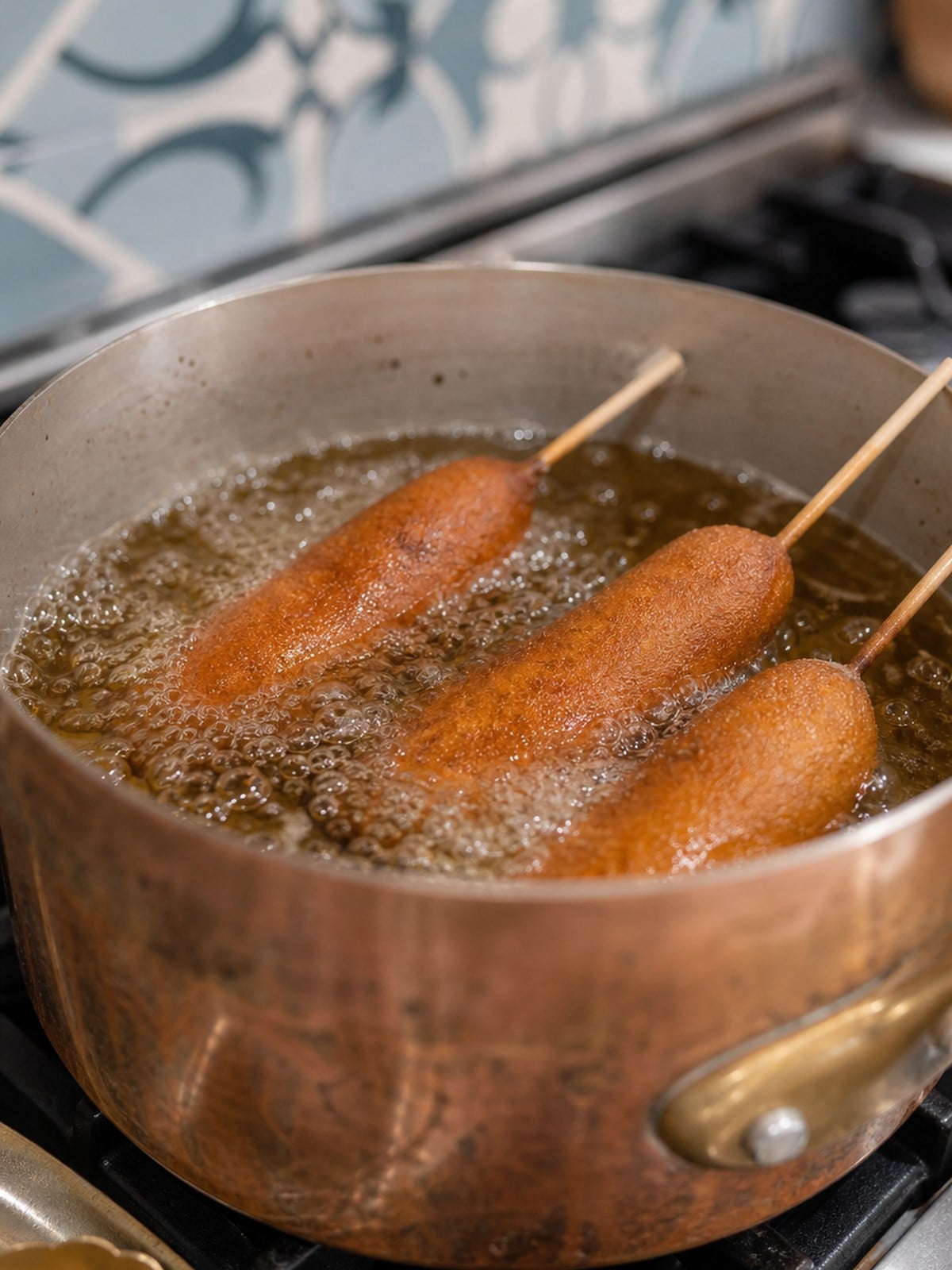 Corn dogs frying in bubbling oil in a heavy pot until golden brown.