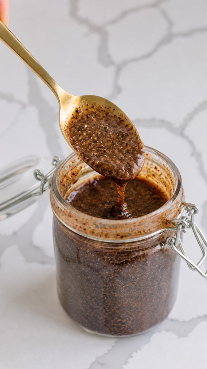 A gold spoon showing the coarse speckled texture of blended vanilla bean paste.