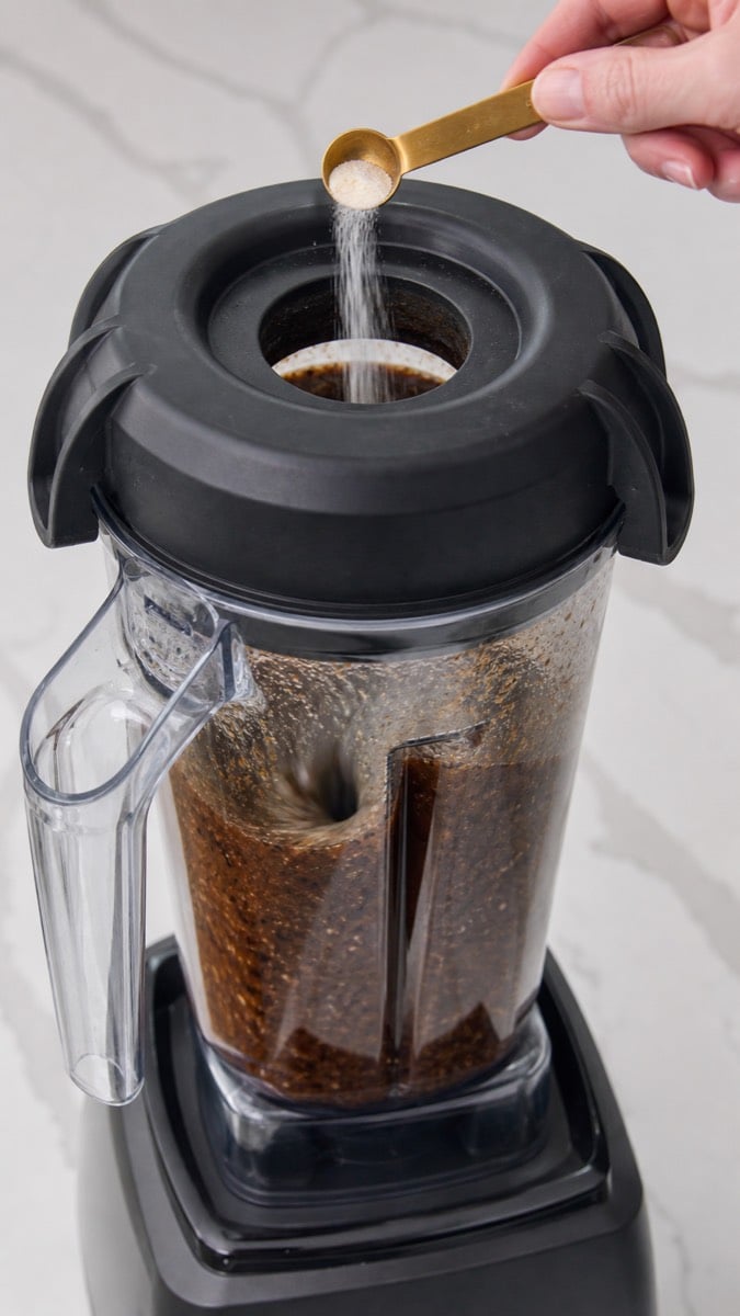 Xanthan gum being sprinkled into the running blender to thicken vanilla bean paste.