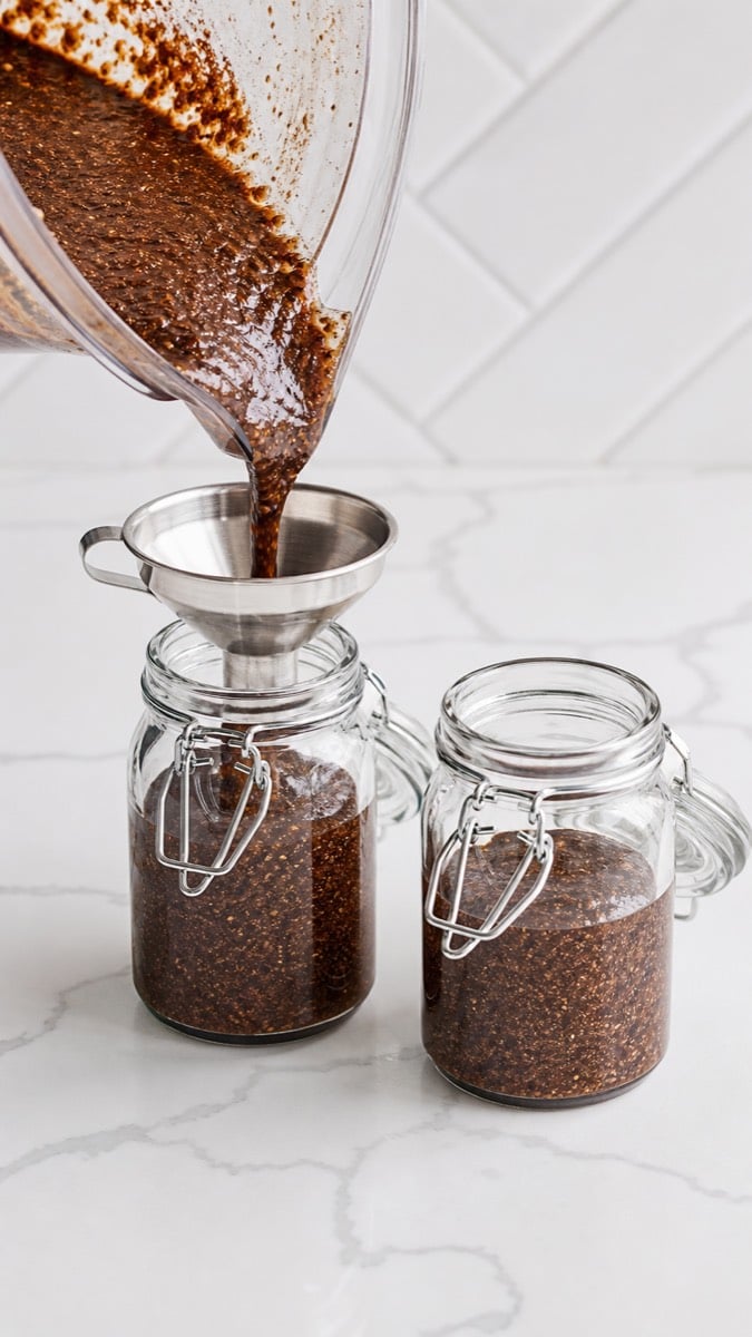 Fresh vanilla bean paste being poured from a blender into clean airtight glass jars.
