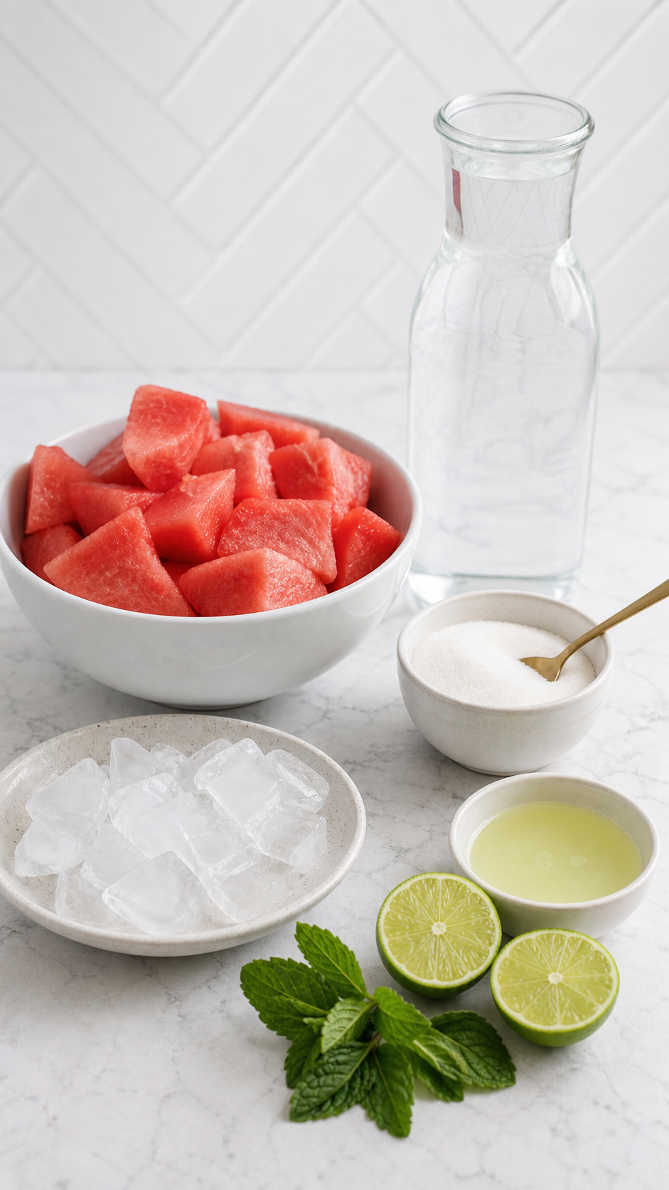 Watermelon cubes, lime, sugar, ice, and water for watermelon agua fresca.
