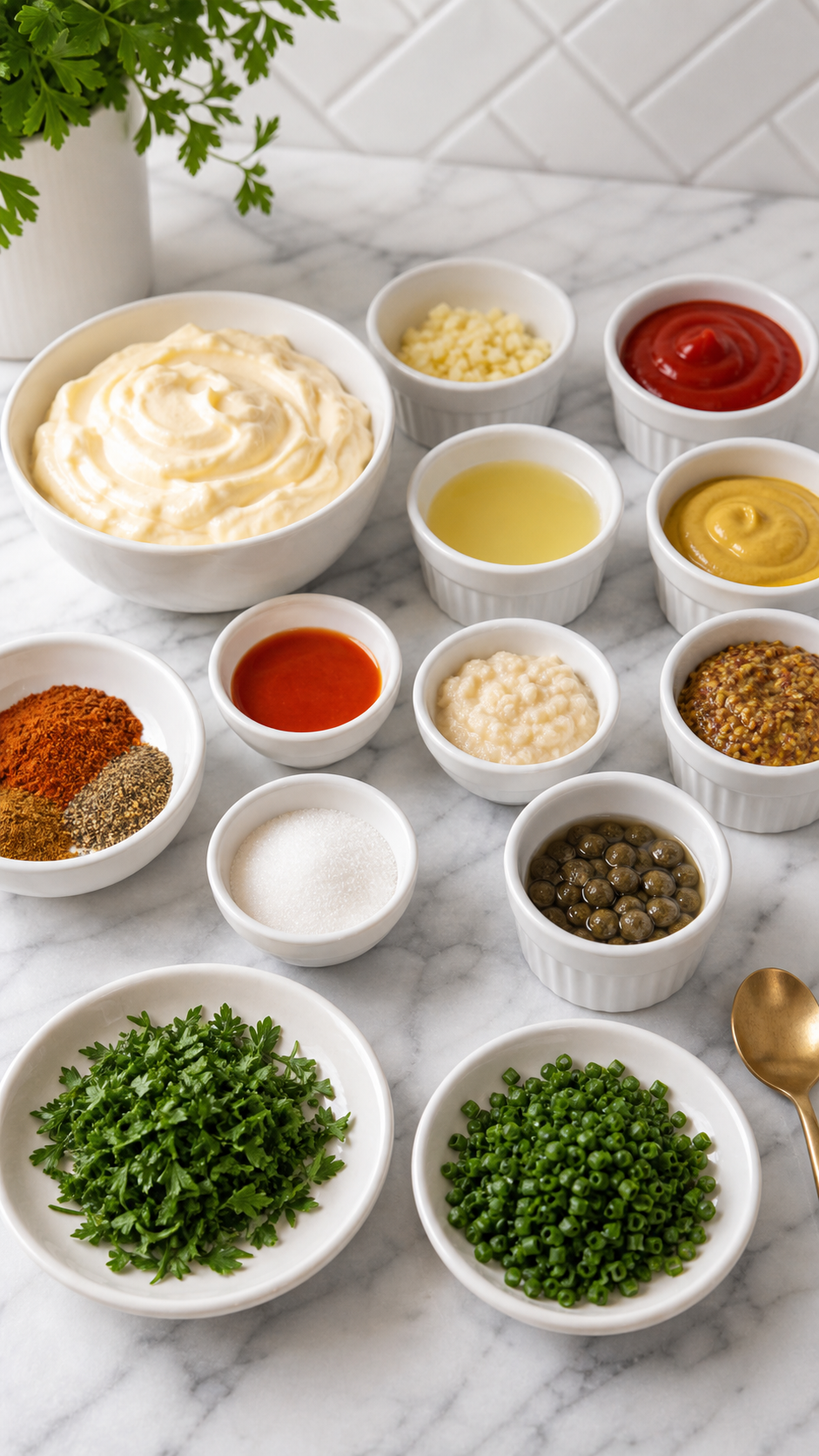 Ingredients for homemade Cajun remoulade sauce arranged on a white quartz countertop.