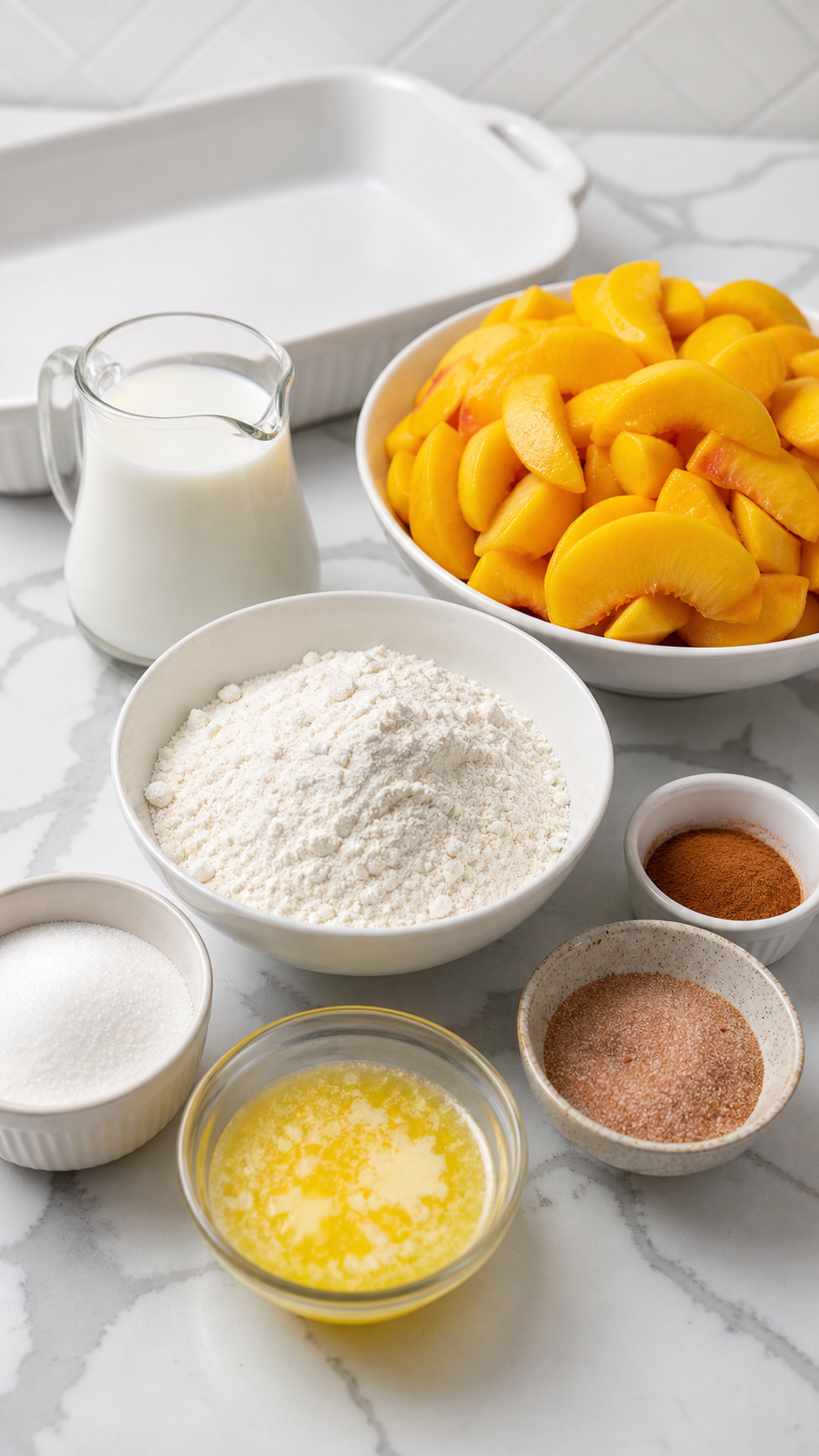 Ingredients for Bisquick peach cobbler arranged on a white quartz counter.