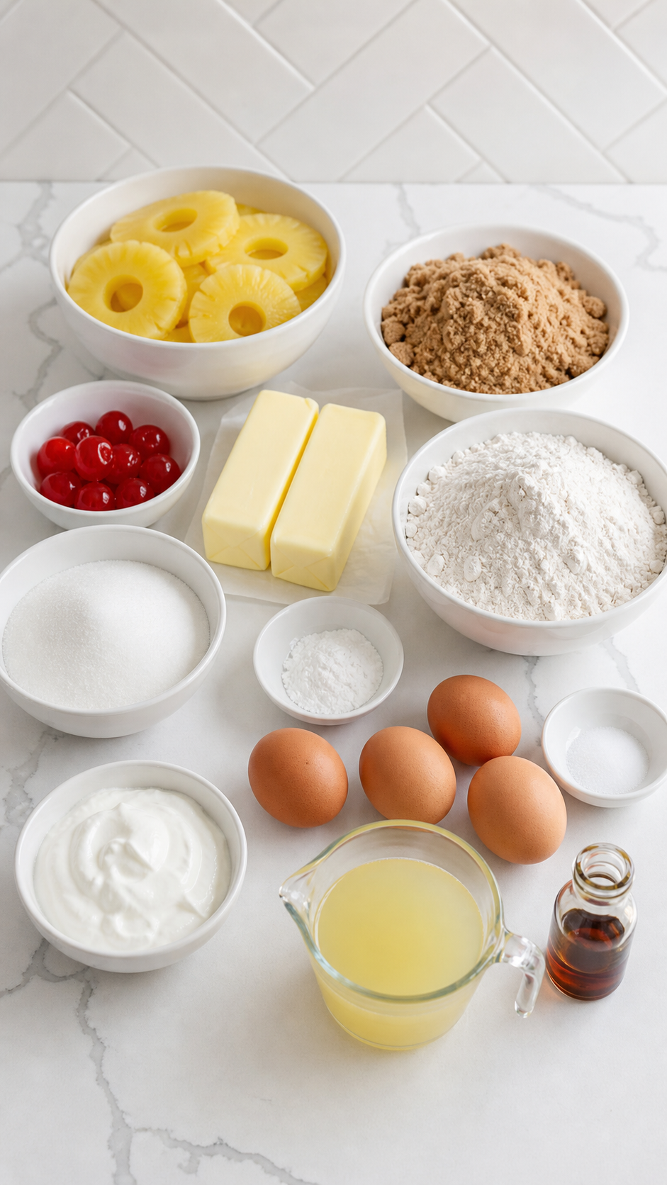 Ingredients for Pineapple Upside-Down Sheet Cake arranged on a white kitchen counter.