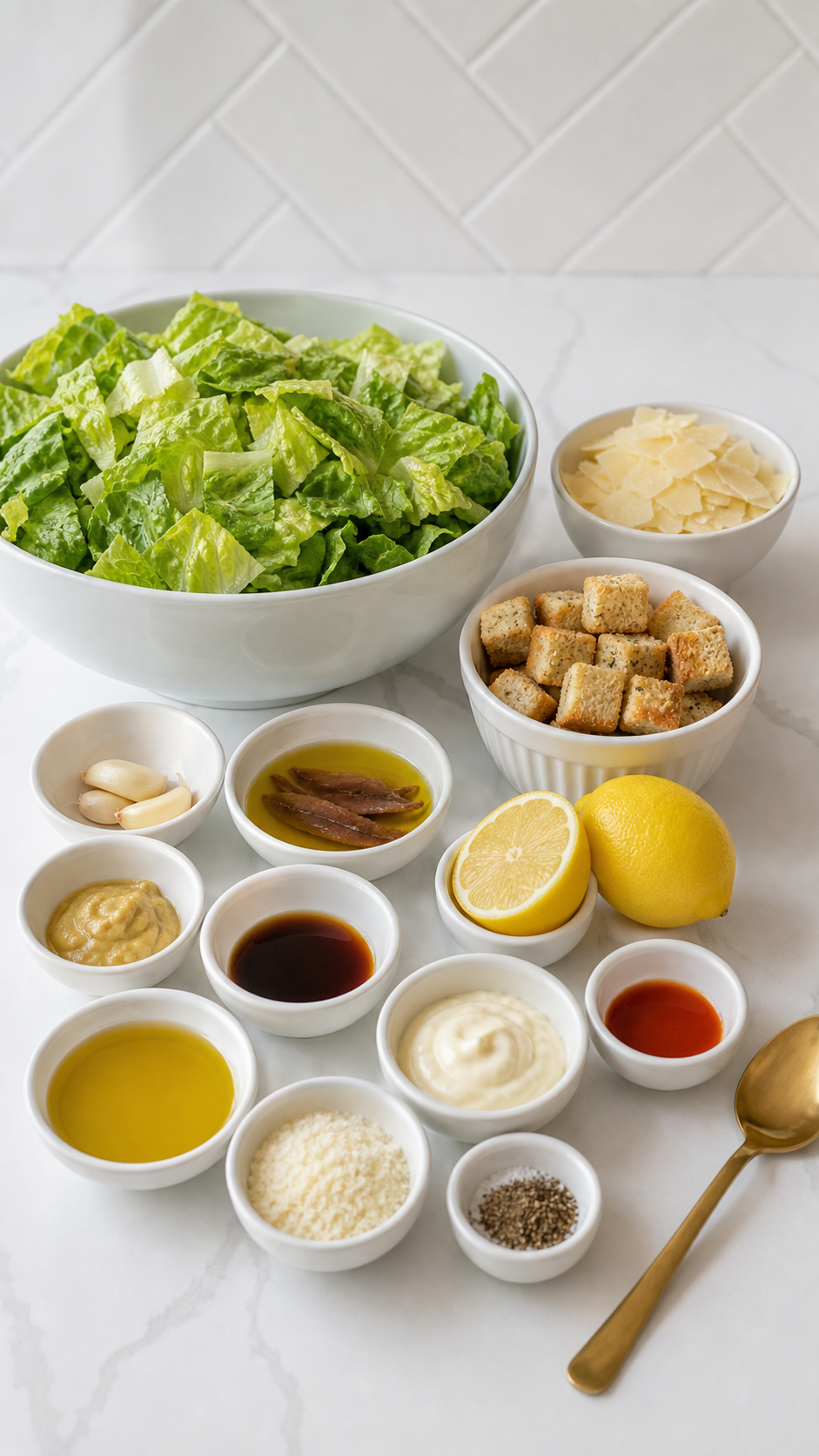 Ingredients for classic homemade Caesar salad including romaine, Parmesan, croutons, anchovies, lemon, Dijon, olive oil, mayonnaise, and seasonings.