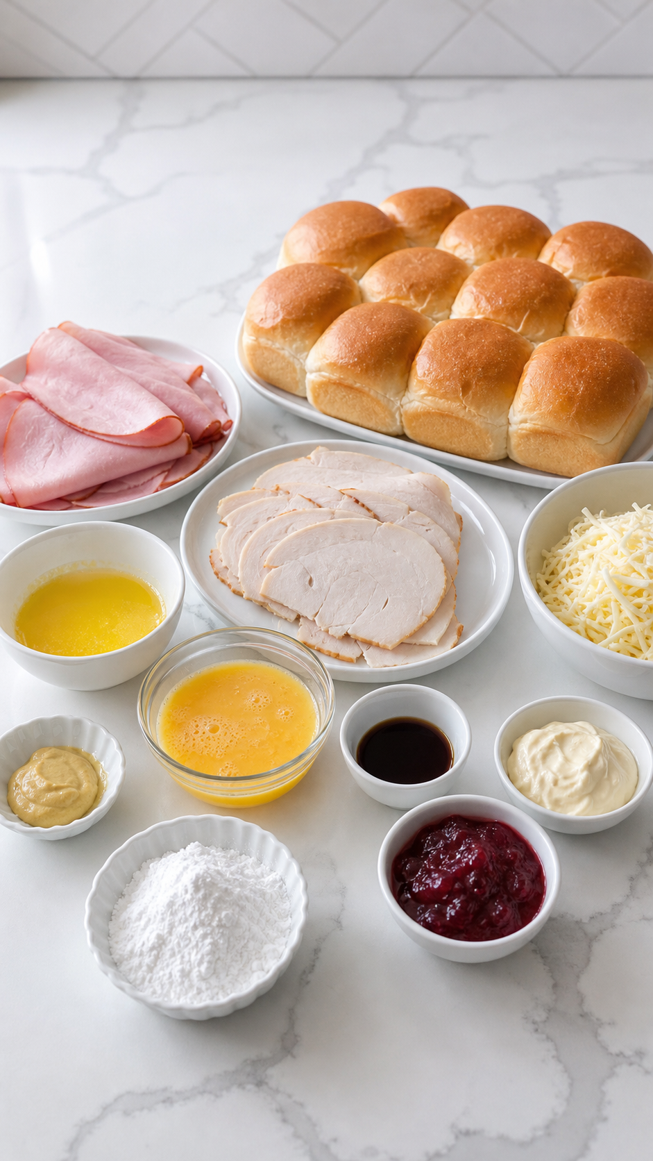 Ingredients for Monte Cristo sliders arranged on a white kitchen counter.