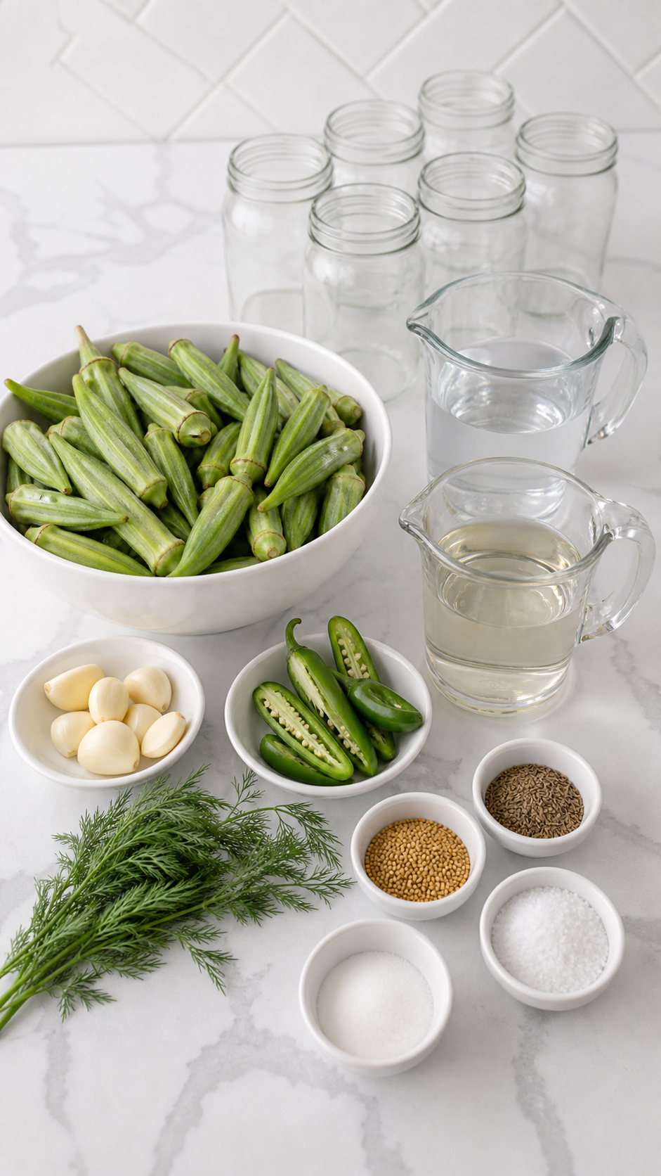 Fresh whole okra, peppers, garlic, dill, vinegar, water, salt, sugar, mustard seed, dill seed, and pint jars for pickled okra.