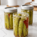 Three jars of Southern pickled okra with whole okra pods, garlic, dill seed, mustard seed, and red pepper.