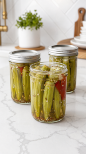 Three jars of Southern pickled okra with whole okra pods, garlic, dill seed, mustard seed, and red pepper.