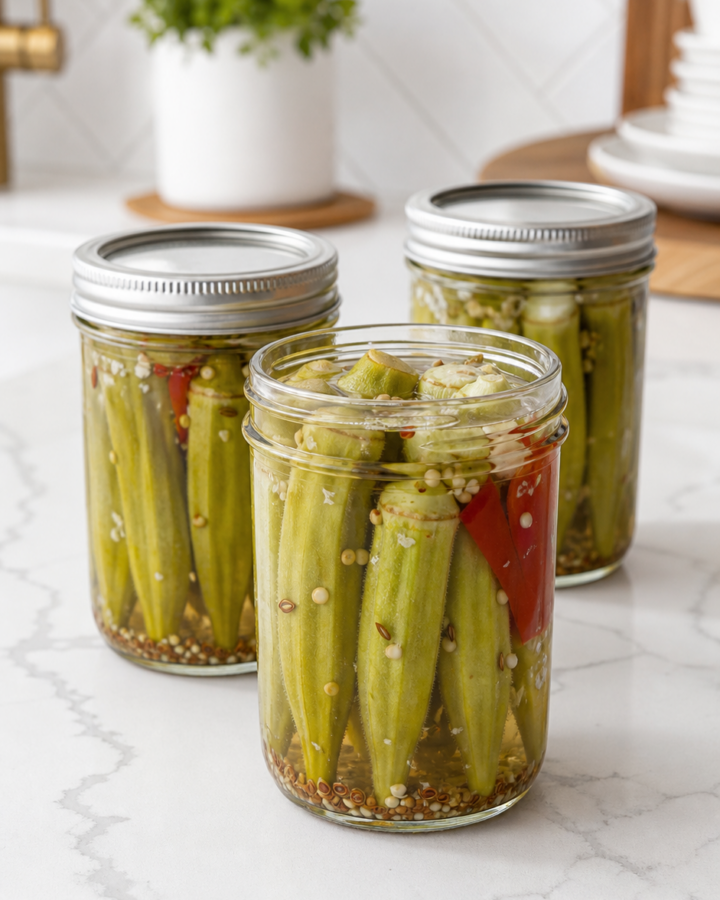 Three jars of Southern pickled okra with whole okra pods, garlic, dill seed, mustard seed, and red pepper.