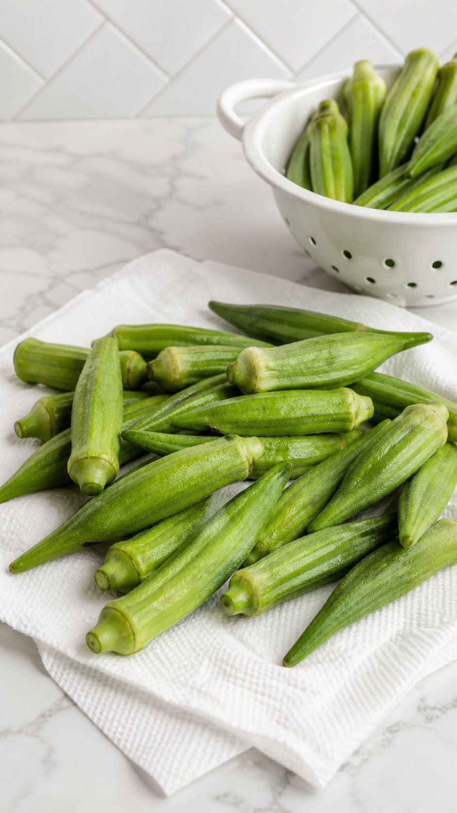 Fresh whole okra pods drying on paper towels before making pickled okra.