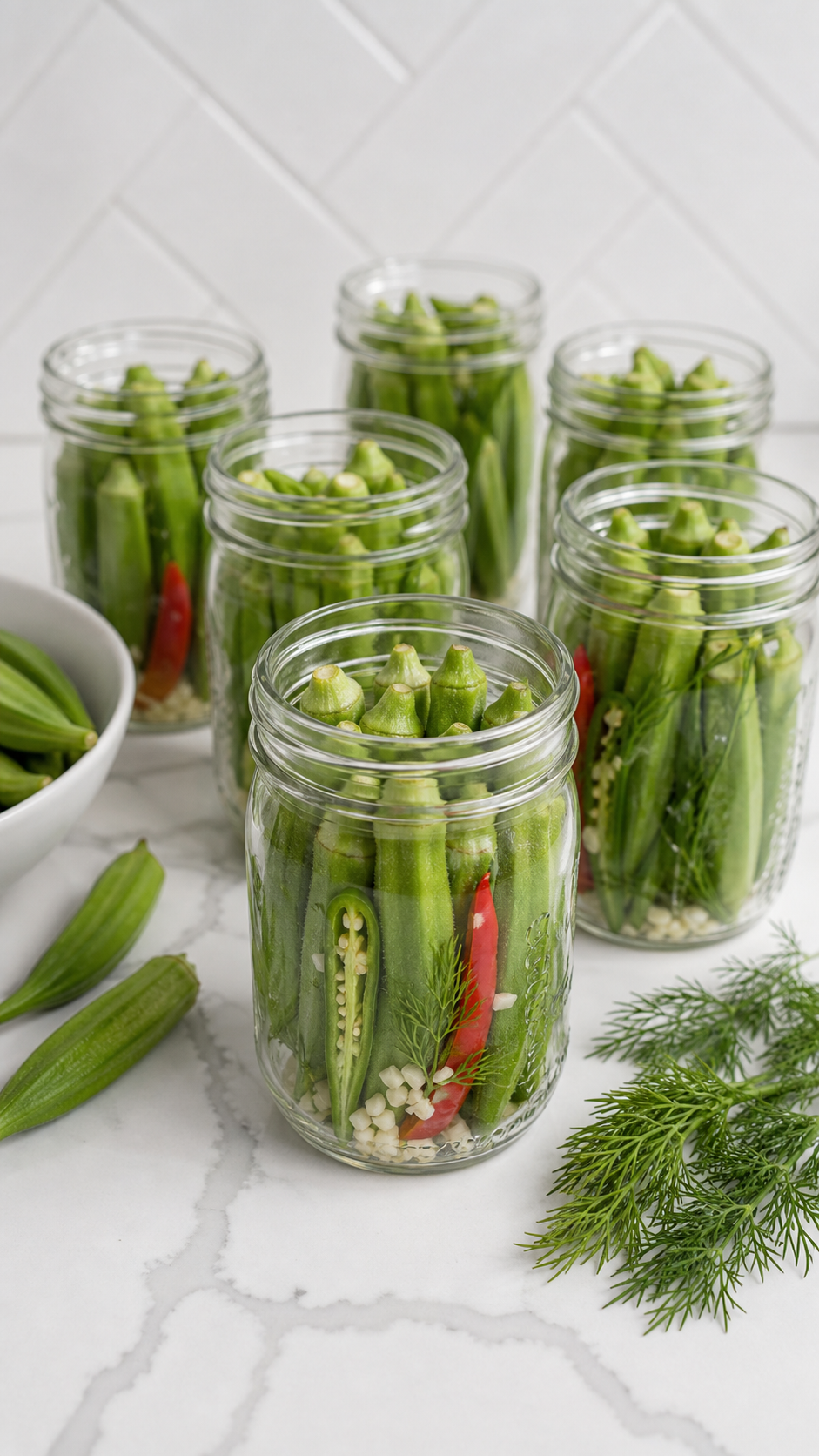 Whole okra pods packed upright in jars with peppers, garlic, and fresh dill for pickled okra.