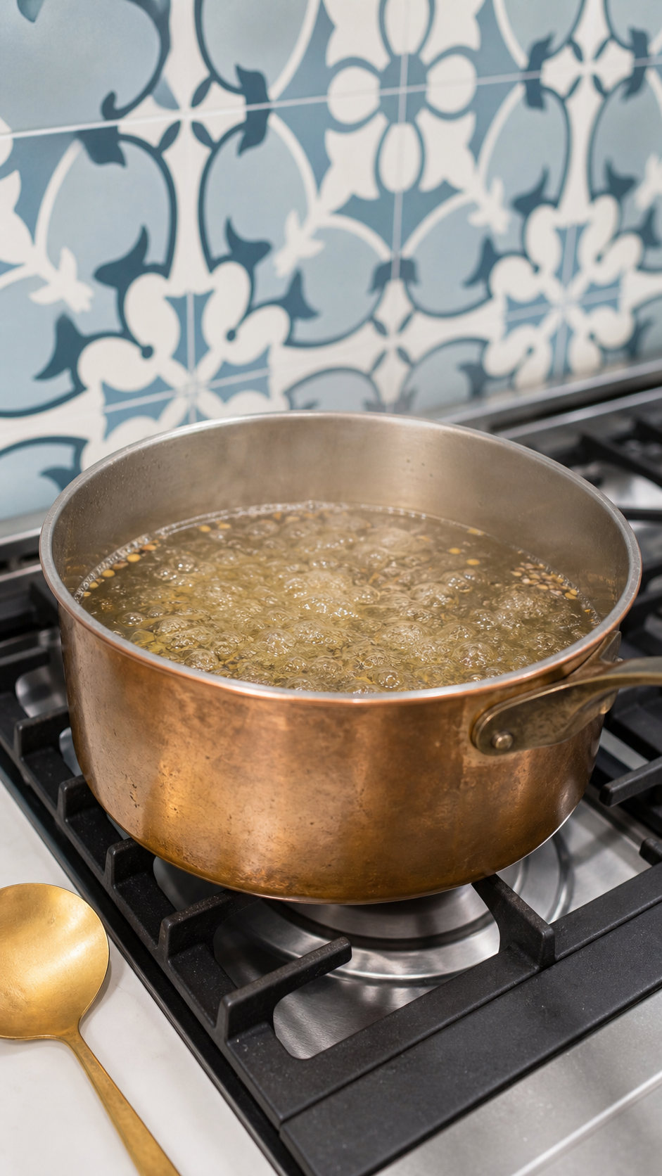 Pickled okra brine boiling in a copper saucepan with mustard seed and dill seed.