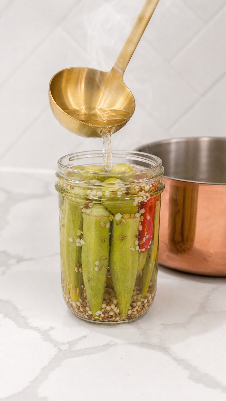Hot brine being ladled into a jar packed with okra, peppers, garlic, and pickling spices.
