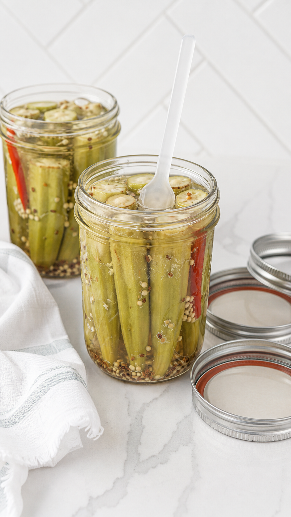A nonmetallic bubble remover in a filled jar of pickled okra with lids and bands nearby.