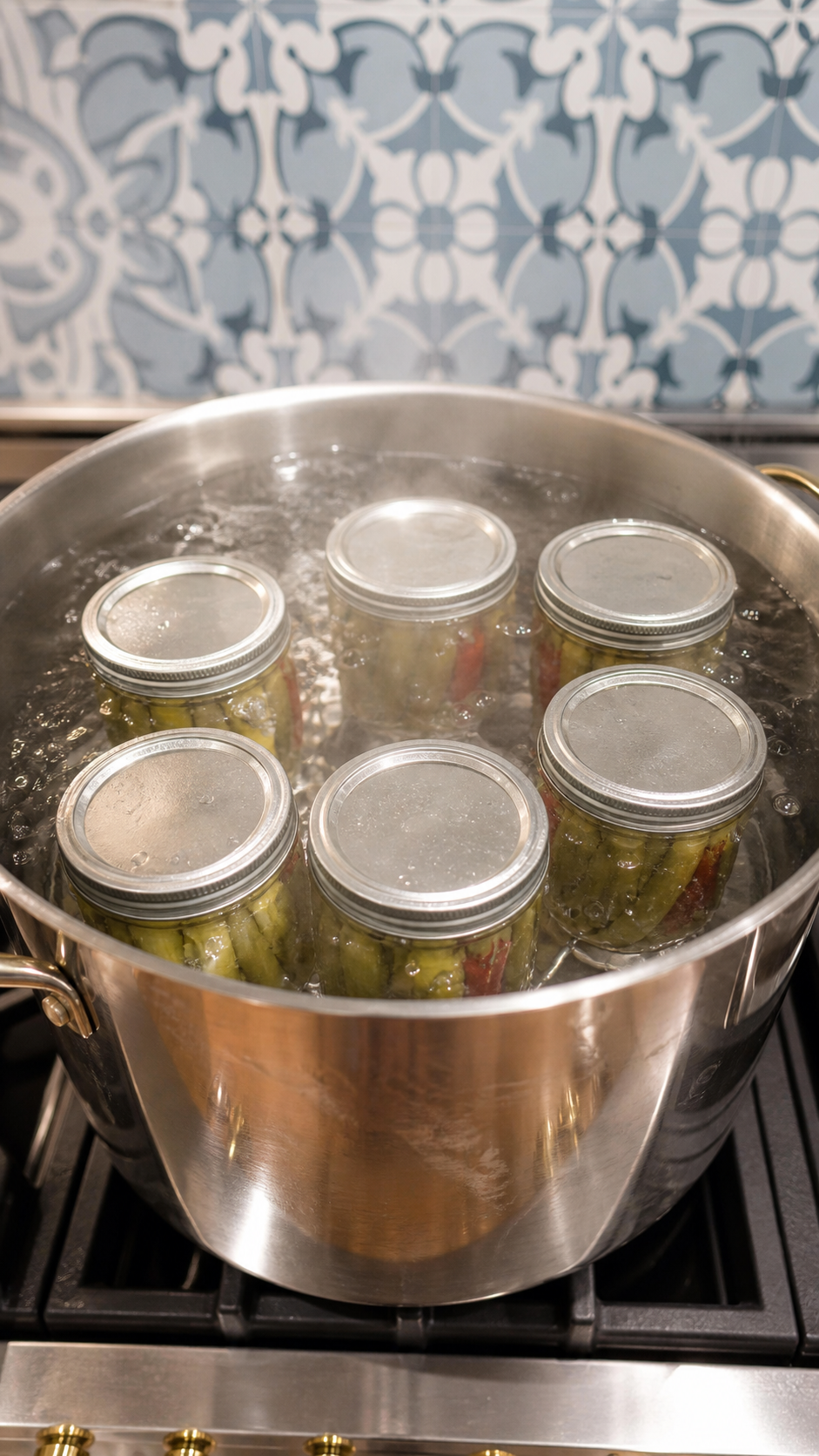 Filled jars of pickled okra processing in a boiling-water canner.