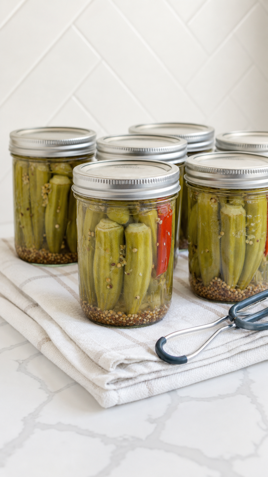 Sealed jars of pickled okra cooling on a towel after water bath processing.