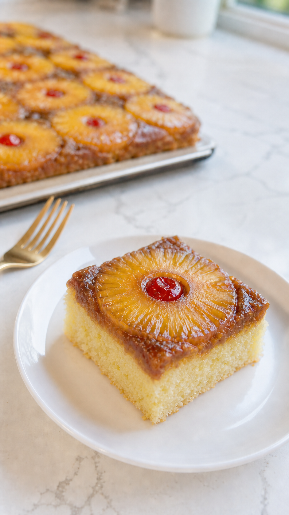 Finished Pineapple Upside-Down Sheet Cake with a plated square slice.
