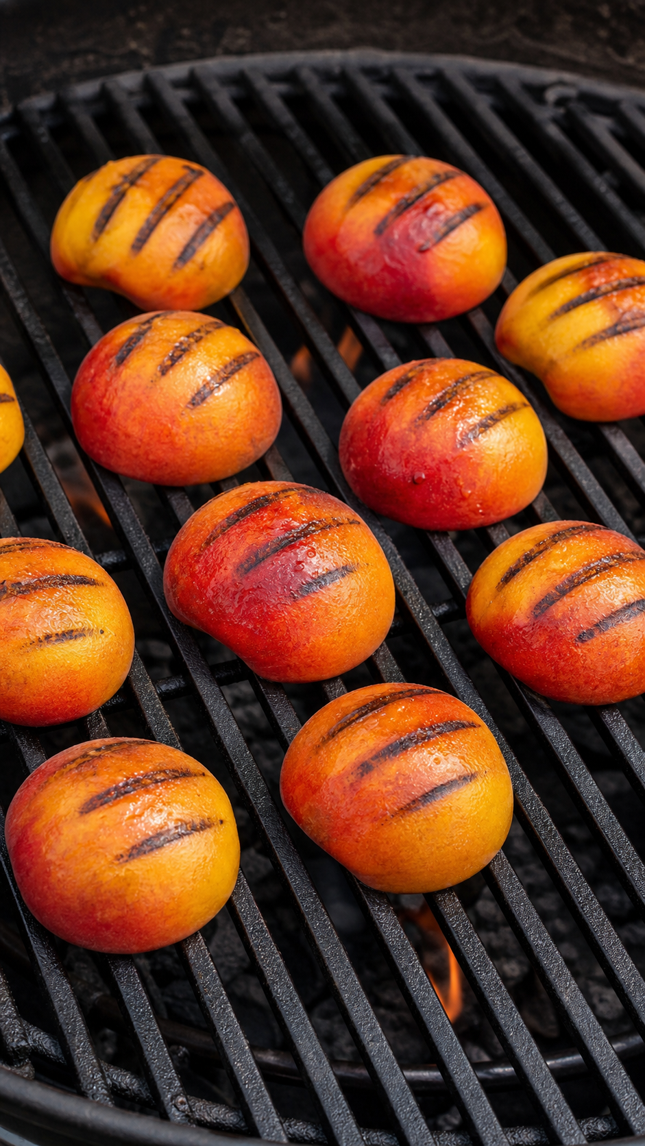Peach halves cooking on hot grill grates until grill marks form.