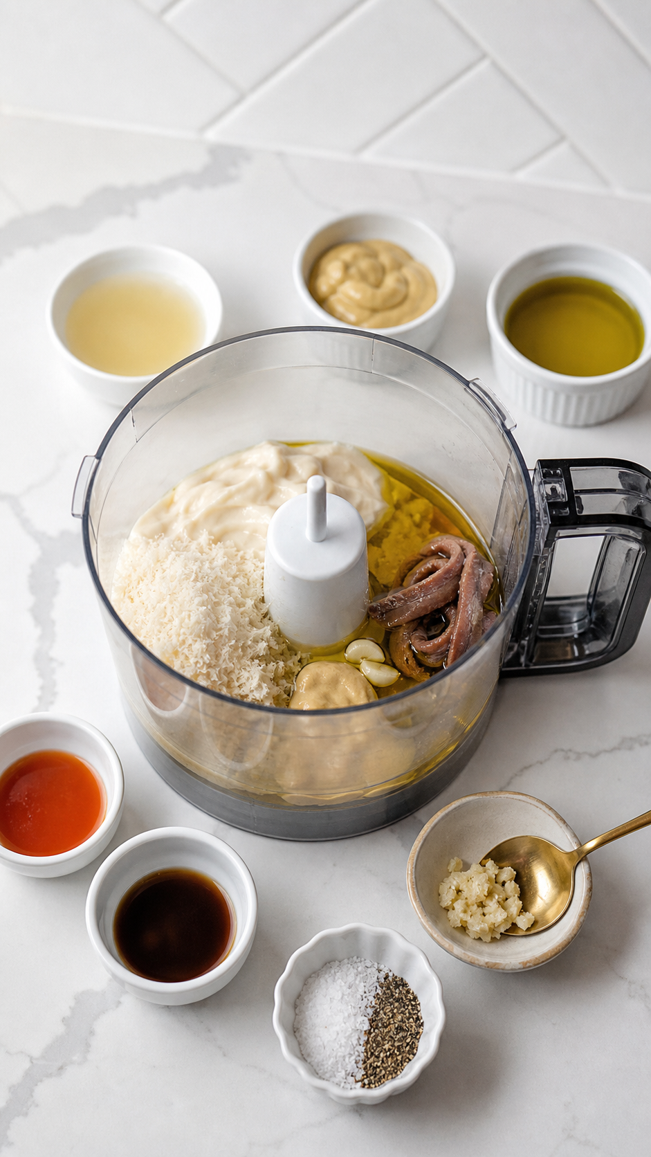Caesar dressing ingredients added to a small food processor with anchovies, mayonnaise, Parmesan, garlic, lemon, Dijon, olive oil, salt, and pepper.