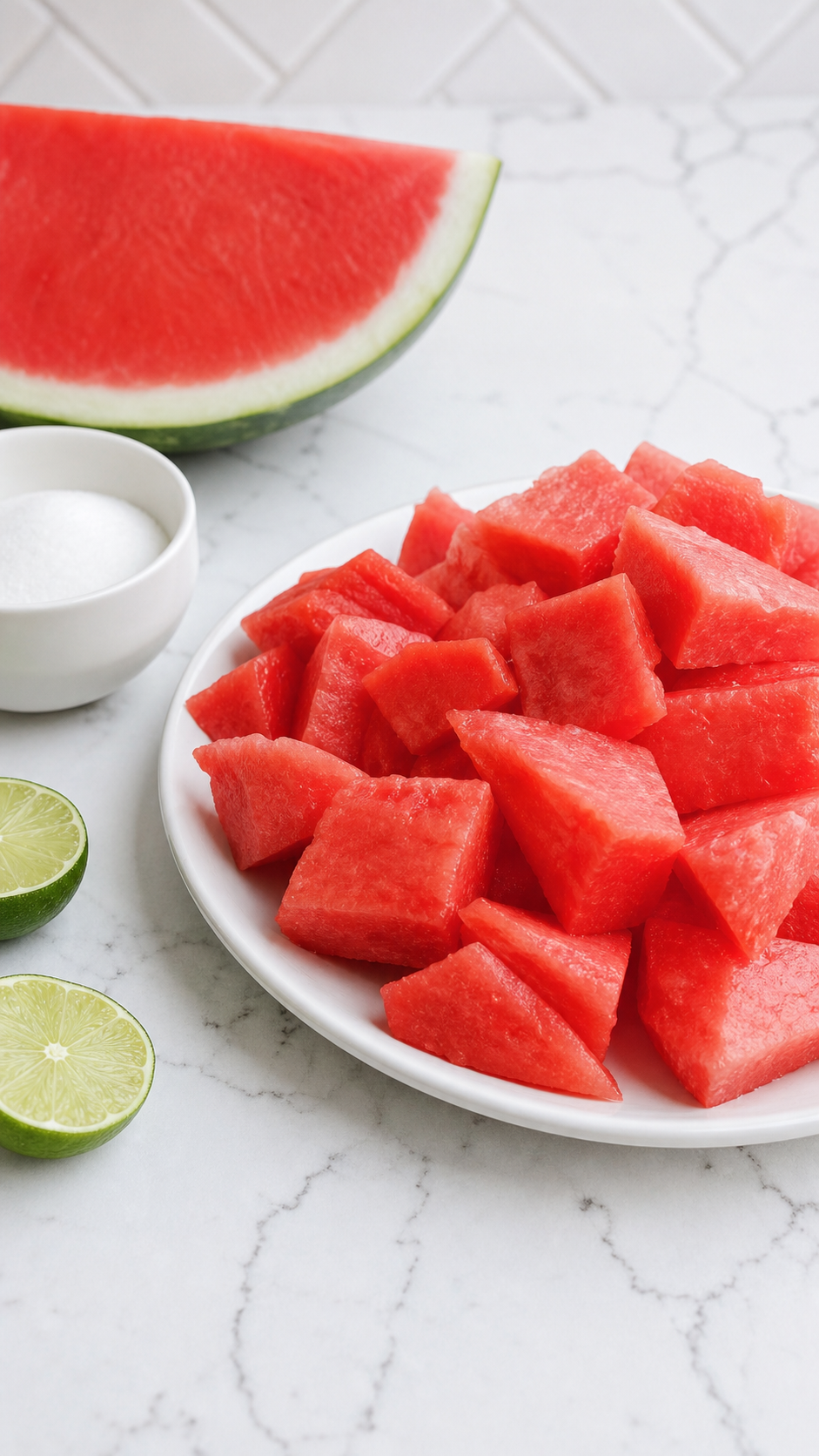 Cubed watermelon with lime and sugar ready for watermelon agua fresca.