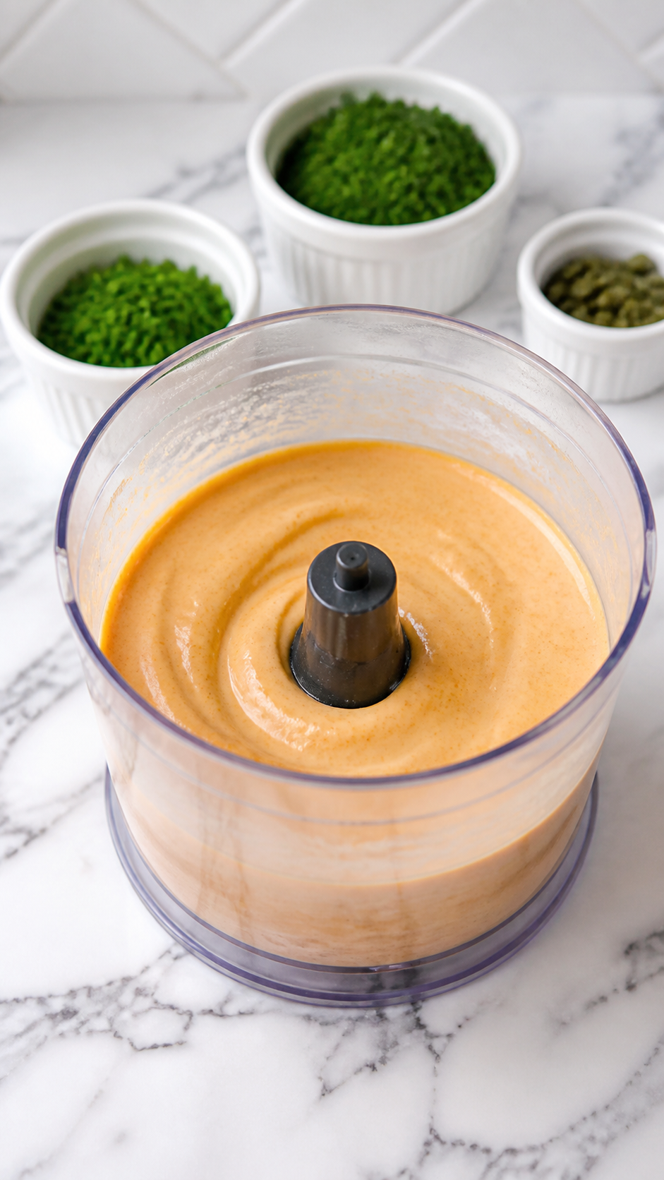 Smooth Cajun remoulade sauce base in a food processor before herbs are added.