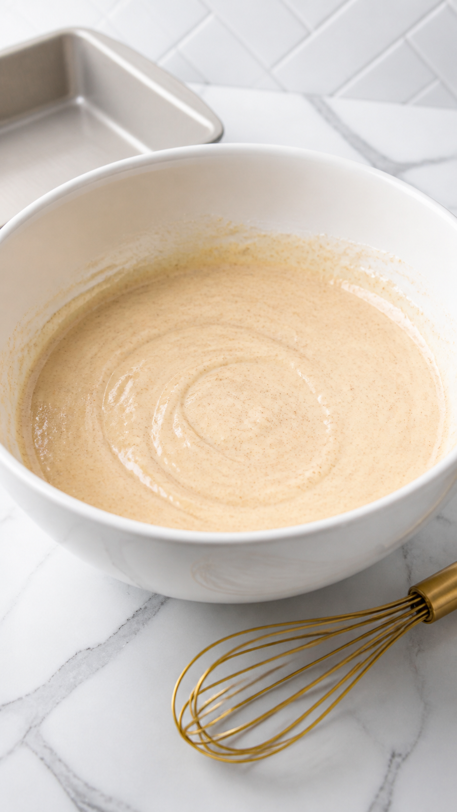 Smooth cinnamon Bisquick cobbler batter in a white mixing bowl.