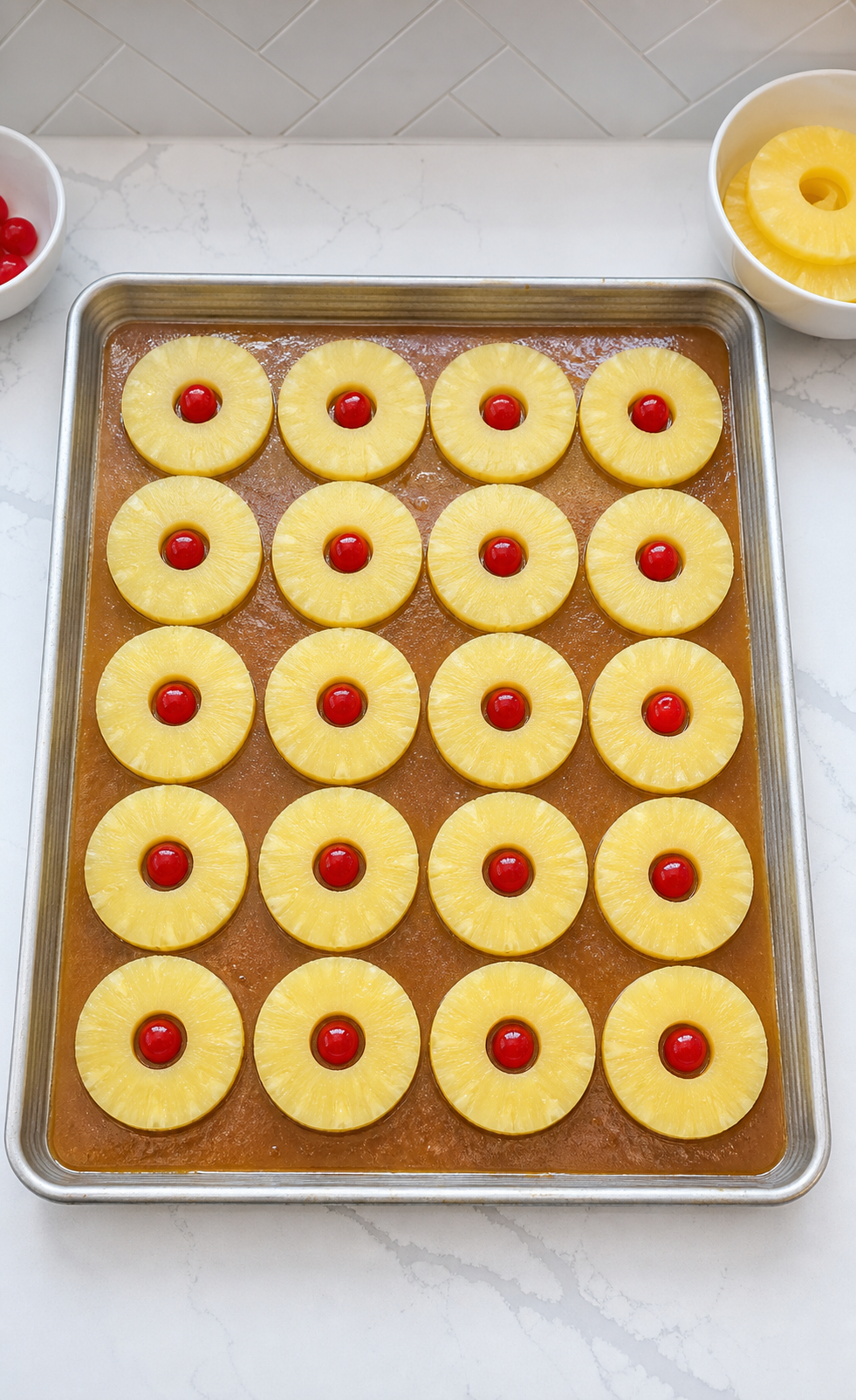 Pineapple rings and maraschino cherries arranged over brown sugar caramel in a sheet pan.