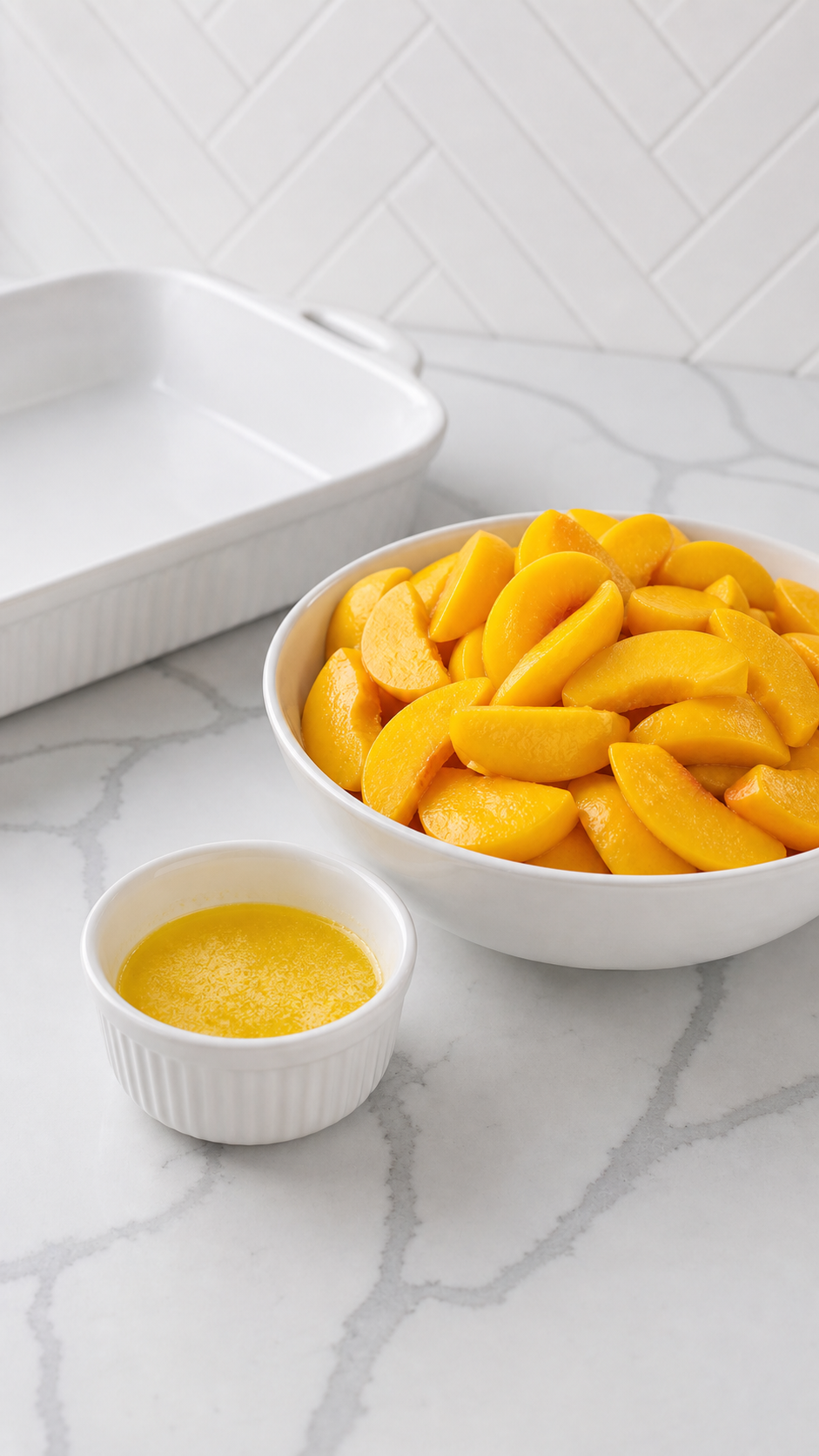 Peeled sliced peaches, melted butter, and a baking dish for Bisquick peach cobbler.