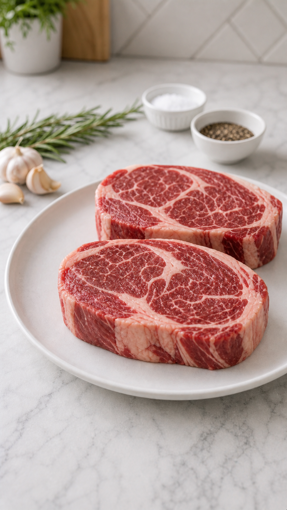 Two thick raw ribeye steaks resting at room temperature on a white plate before cooking.