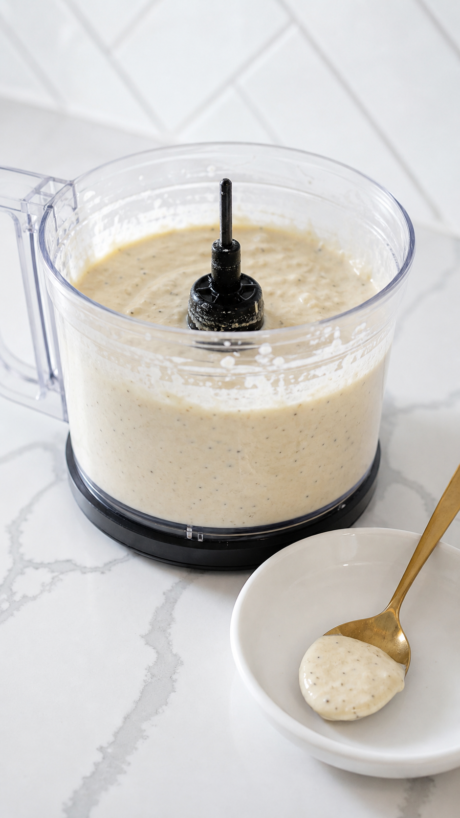 Smooth creamy Caesar dressing blended in a small food processor with a spoonful ready for tasting.