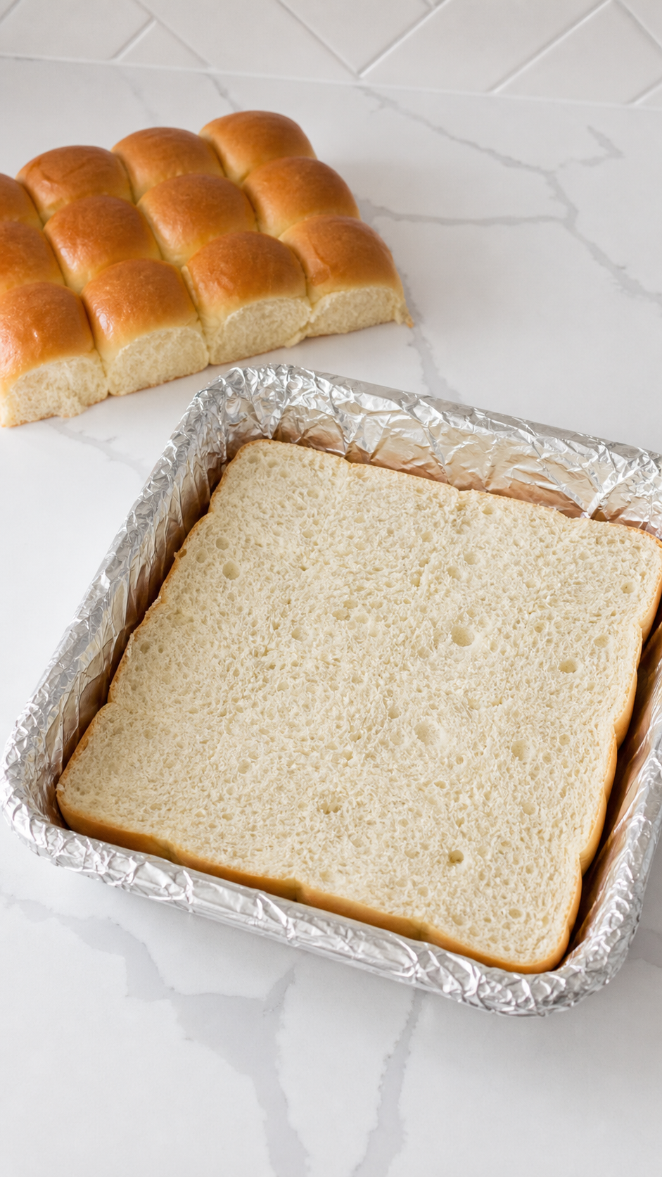 Connected Hawaiian rolls sliced horizontally with the bottom half placed in a foil-lined baking dish.