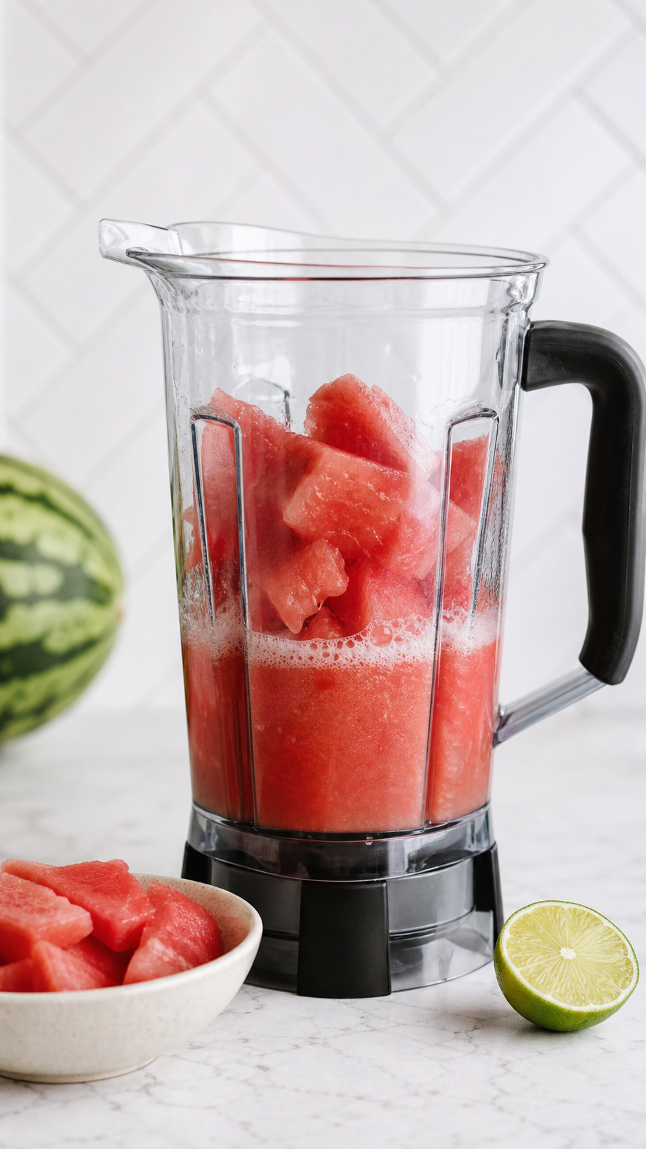 Watermelon cubes and water in a blender for watermelon agua fresca.