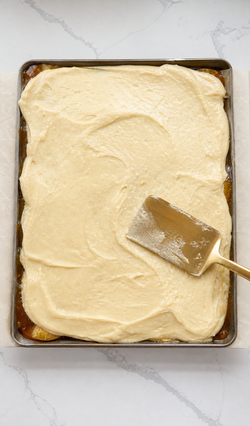 Cake batter being spread evenly over the pineapple layer in a sheet pan.