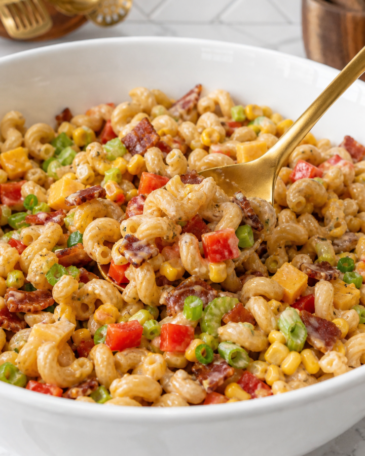 BBQ bacon pasta salad being folded together with cavatappi, bacon, Cheddar, corn, vegetables, and creamy dressing.