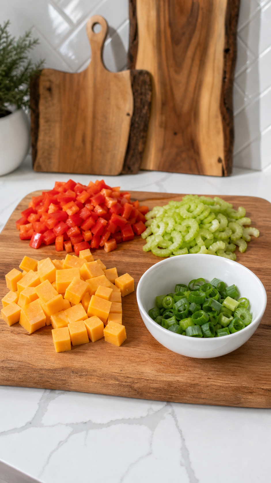 Diced red bell pepper, sliced celery, Cheddar cubes, and green onions prepped for BBQ bacon pasta salad.