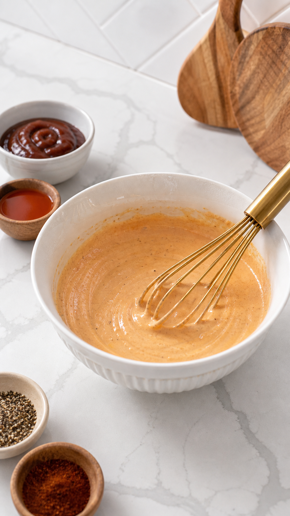 Creamy BBQ dressing whisked smooth in a white bowl with barbecue sauce and seasonings nearby.