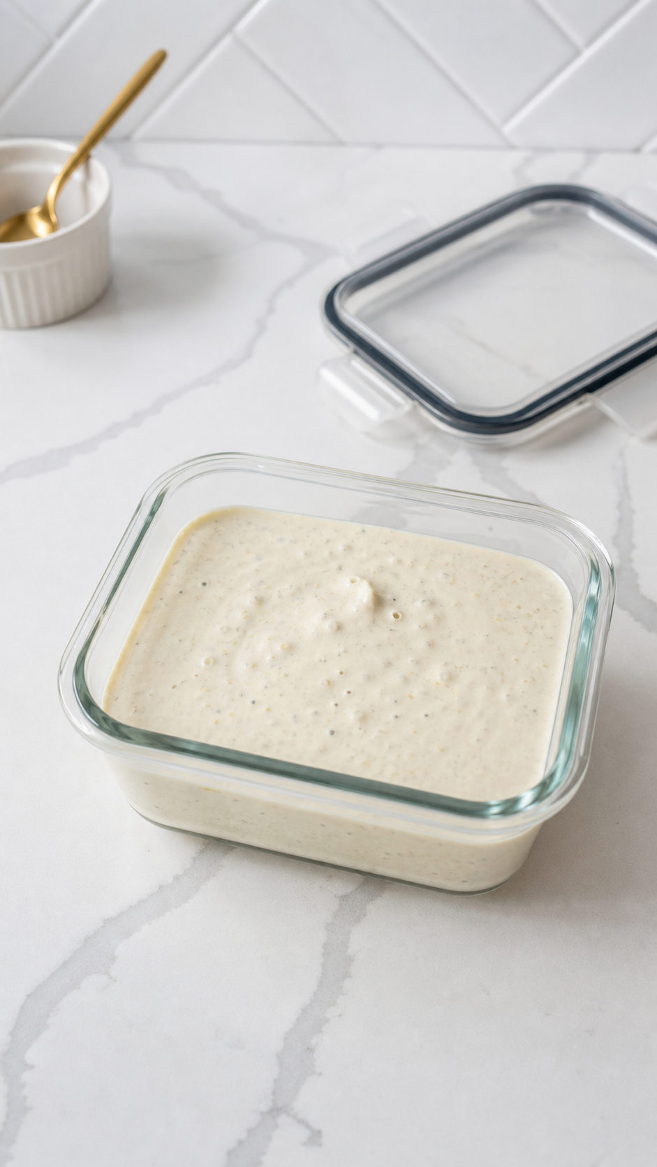 Creamy homemade Caesar dressing transferred to an airtight glass container for chilling until serving.