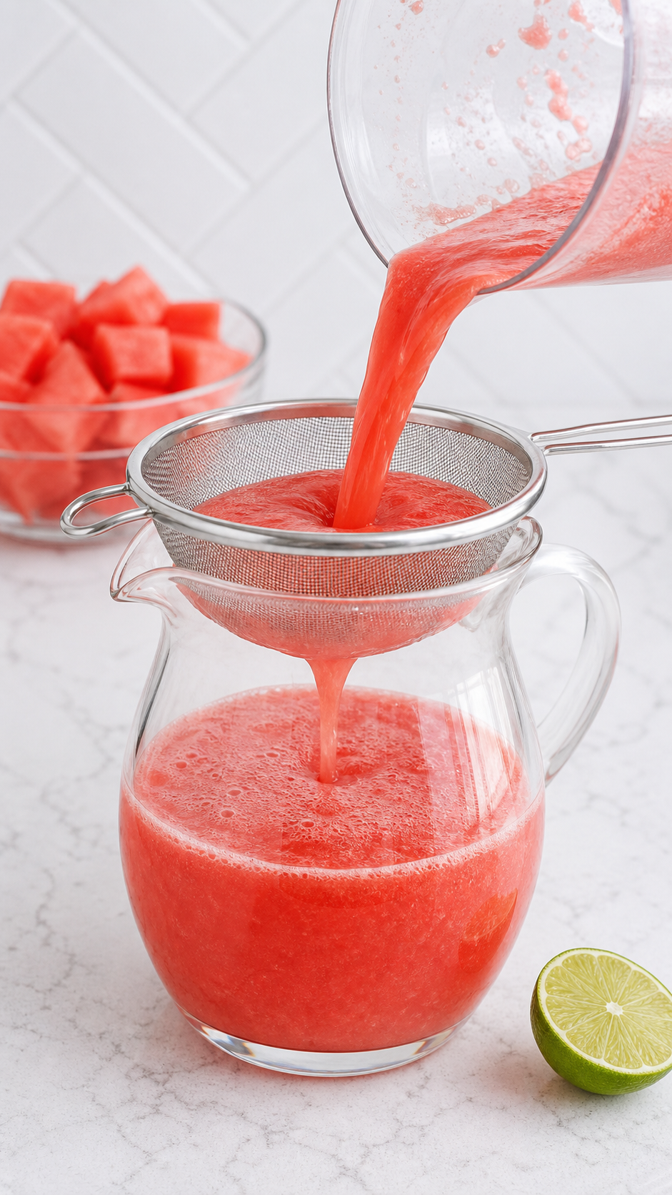 Blended watermelon mixture strained through a fine-mesh strainer into a pitcher.