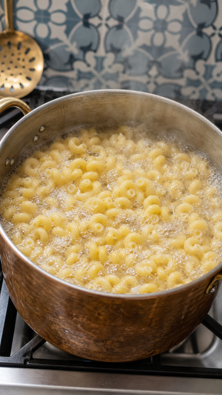 Cavatappi pasta boiling in a copper pot on the stove for BBQ bacon pasta salad.