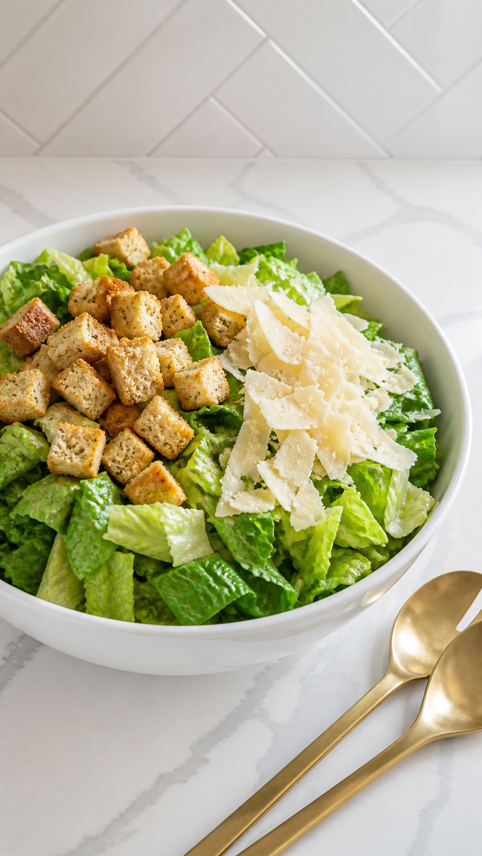 Chopped romaine lettuce, shaved Parmesan, and seasoned croutons added to a large white salad bowl.