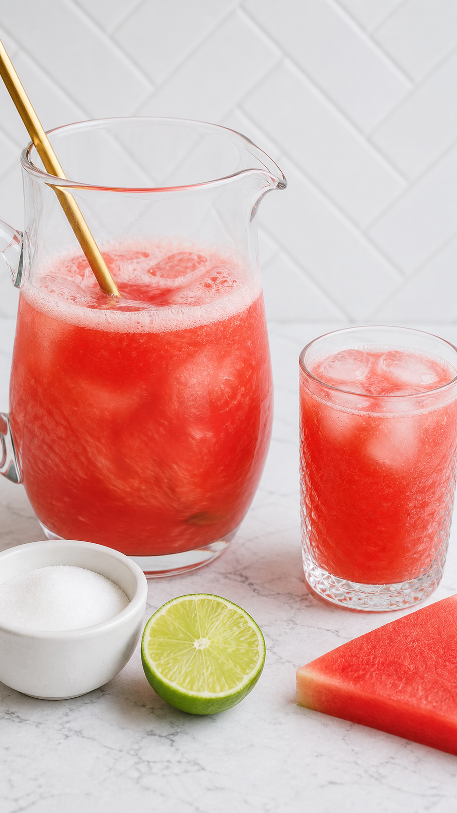 Watermelon agua fresca stirred in a pitcher with sugar and lime.