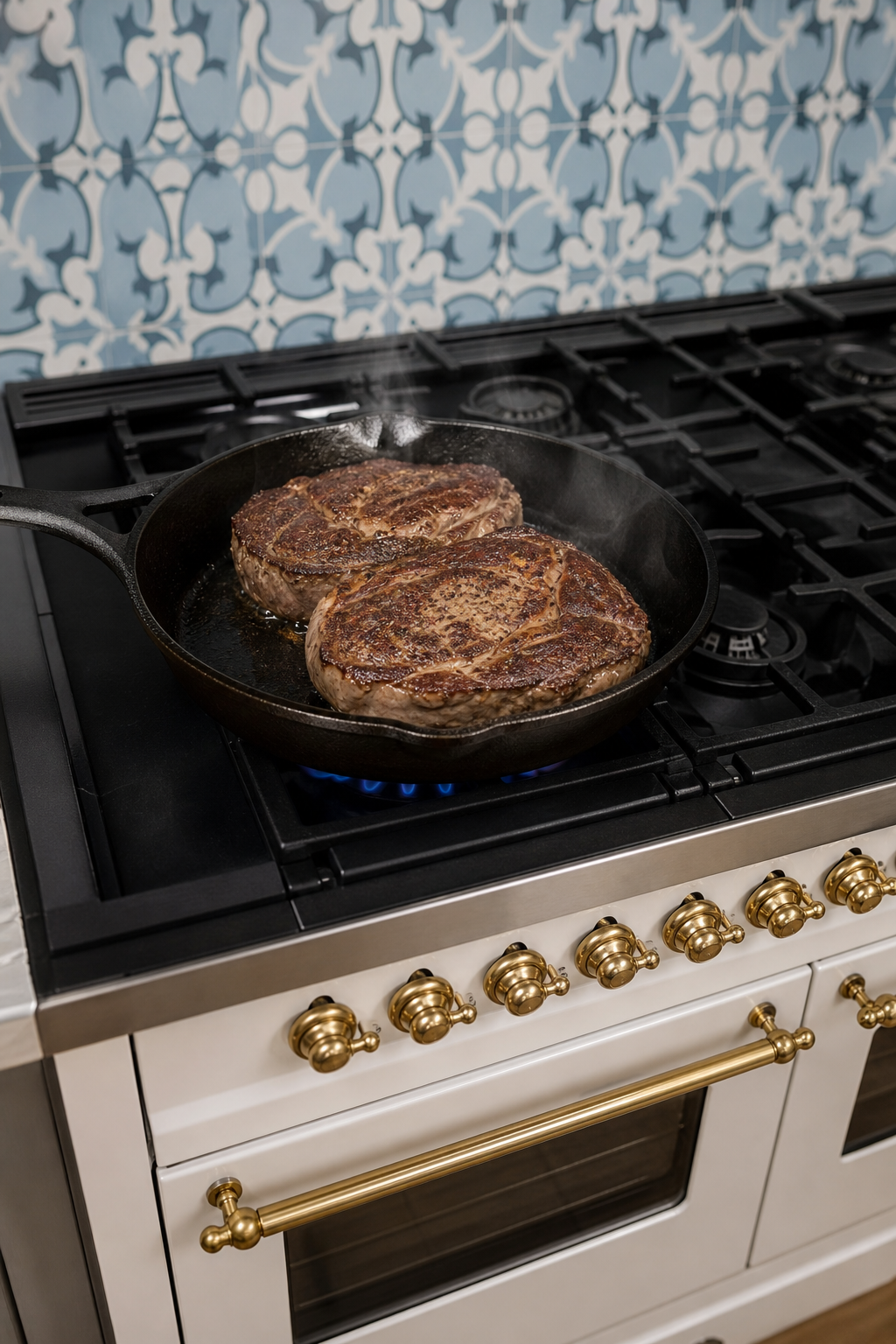Two ribeye steaks beginning to sear in a cast iron skillet over a visible blue gas flame on a white range with black burners.