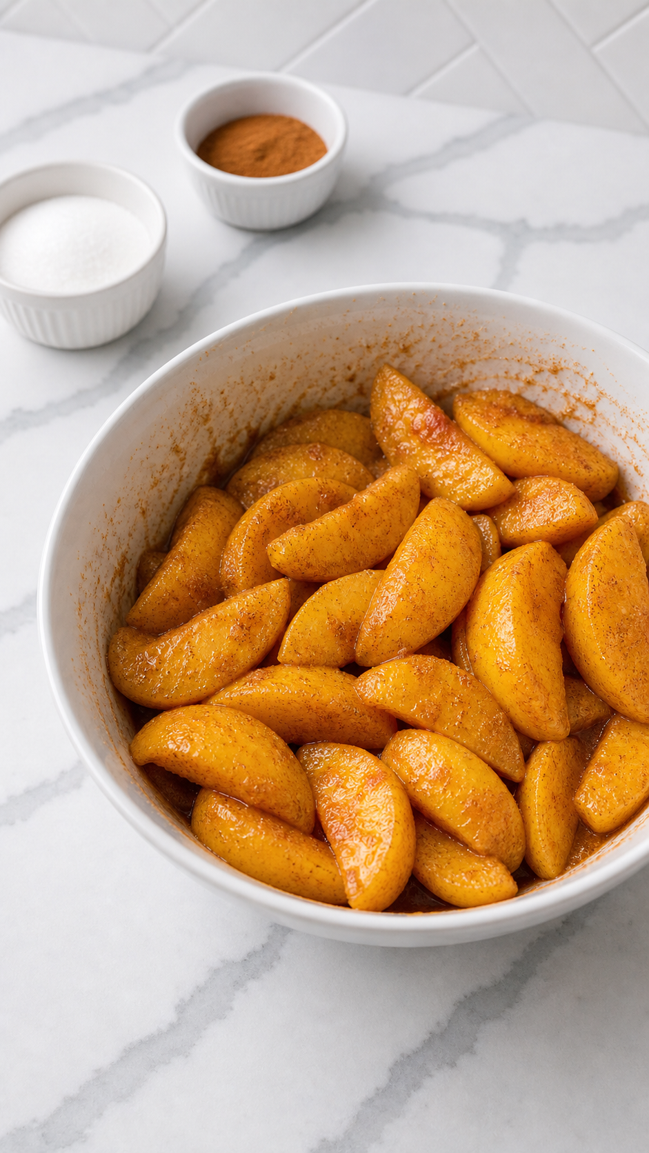 Sliced peaches tossed with cinnamon sugar for Bisquick peach cobbler.
