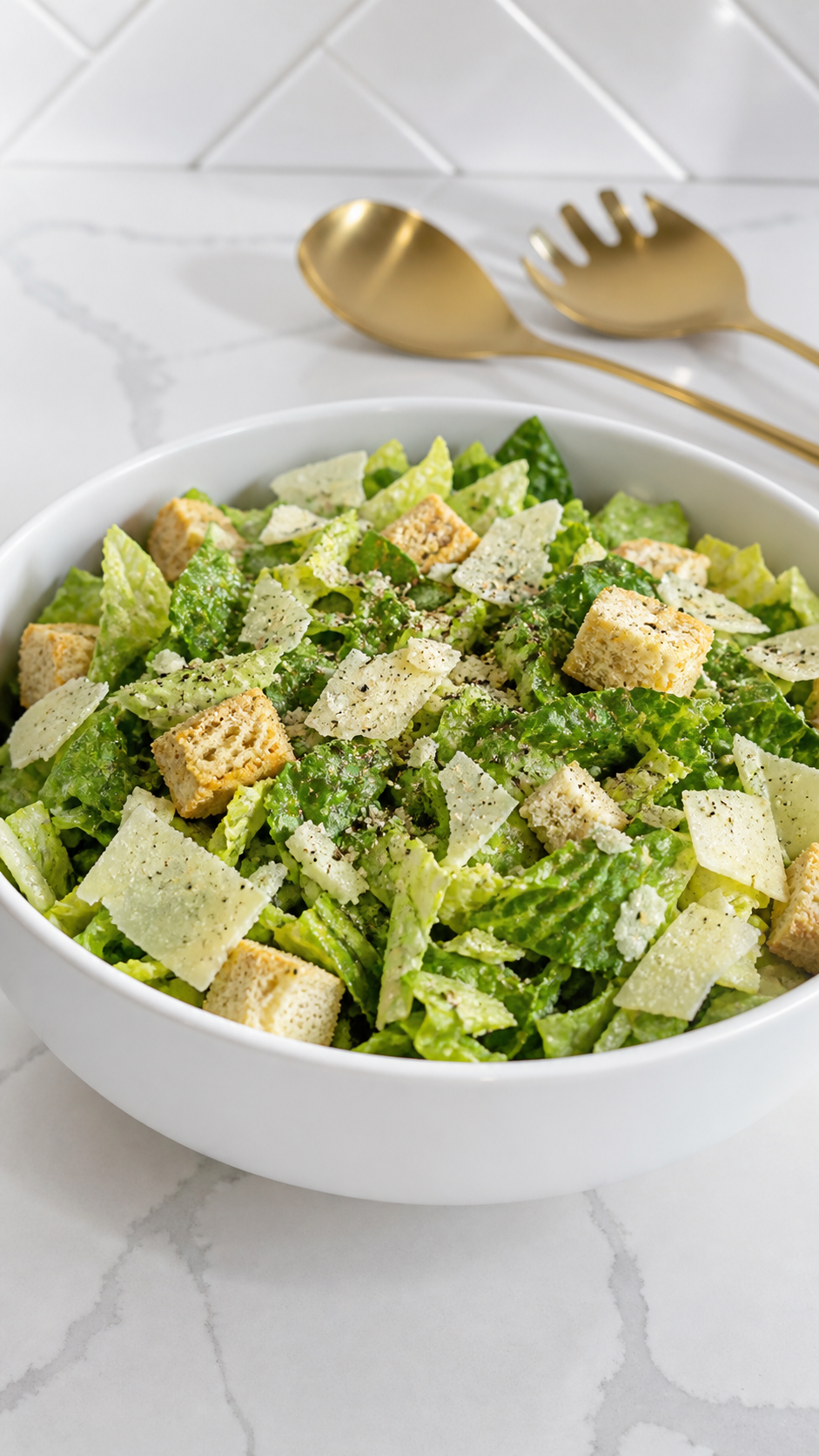 Classic Caesar salad lightly seasoned with salt and freshly ground black pepper before dressing.