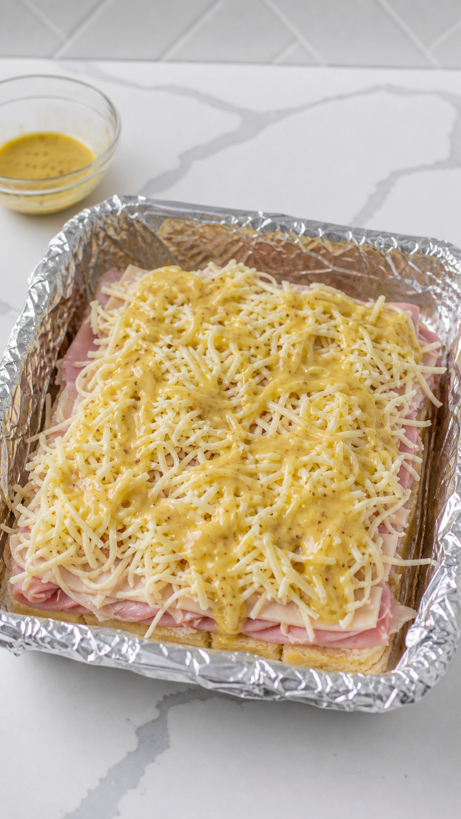 Buttery Dijon sauce poured over ham turkey and cheese for Monte Cristo sliders.