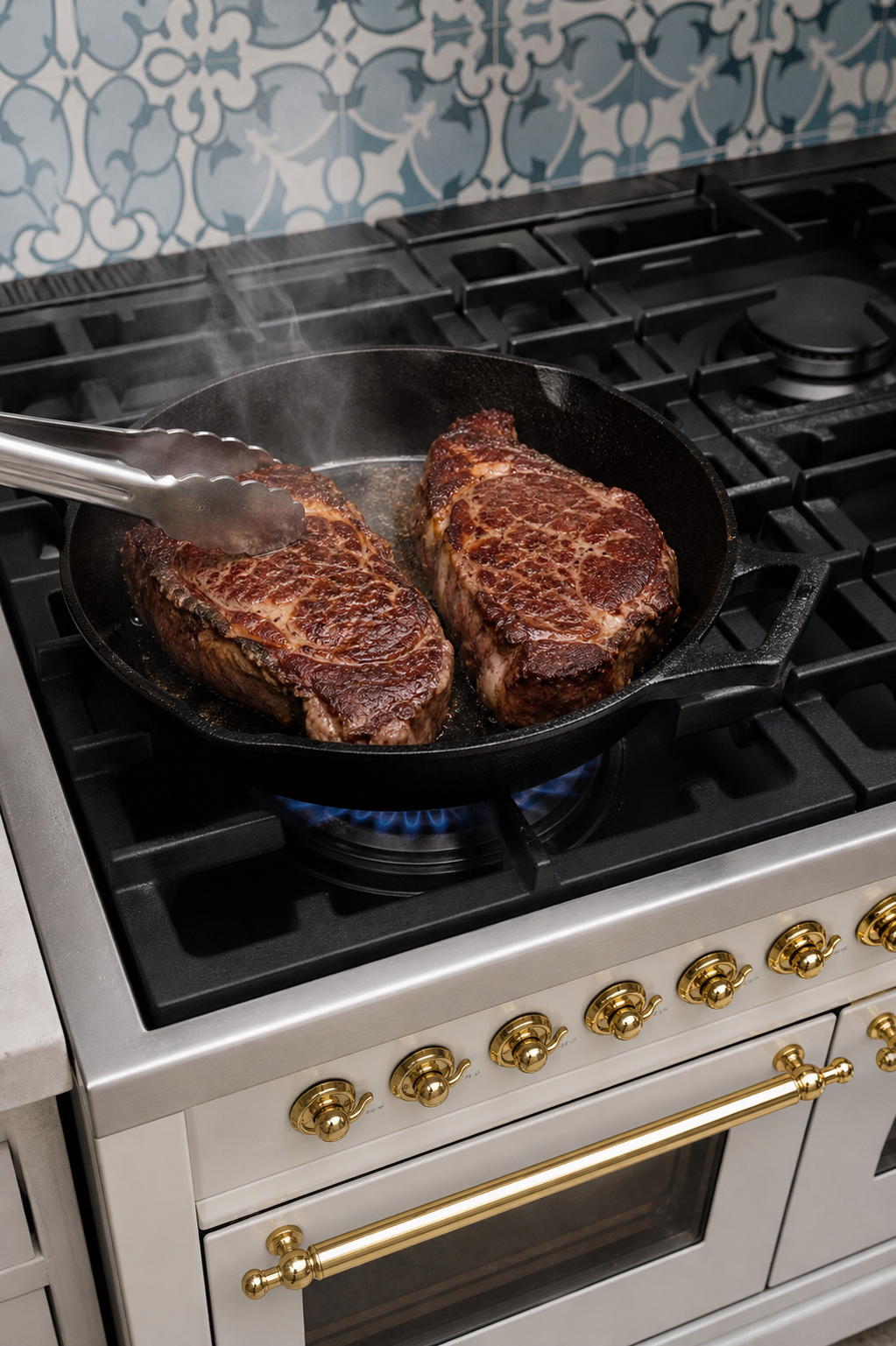Two ribeye steaks after being flipped in a cast iron skillet over a visible blue gas flame on a white range with black burners.