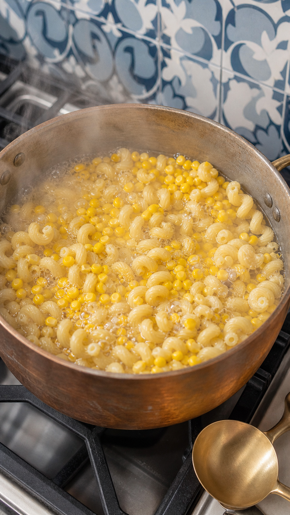 Corn kernels added to boiling cavatappi pasta during the final minute of cooking.