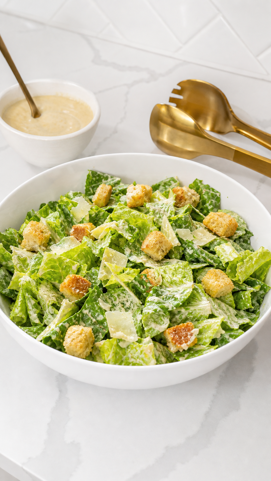 Classic Caesar salad tossed with creamy dressing, Parmesan, and croutons in a white serving bowl.