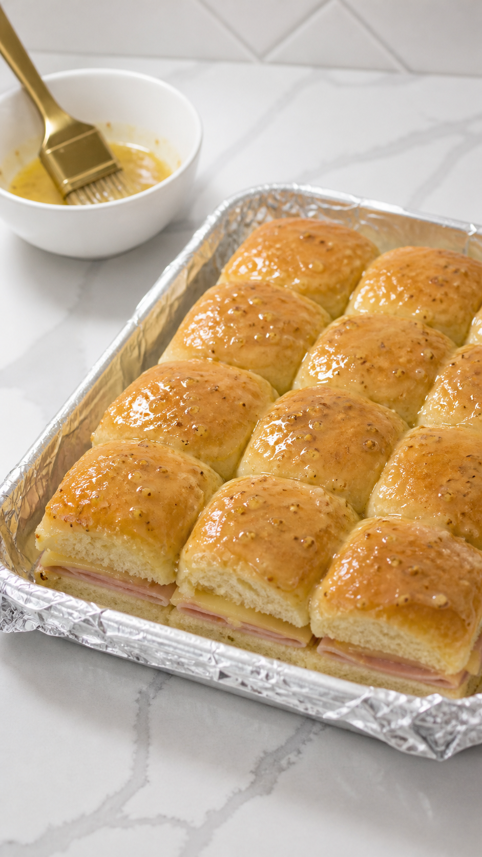 Unbaked Monte Cristo sliders brushed with buttery Dijon sauce before baking.